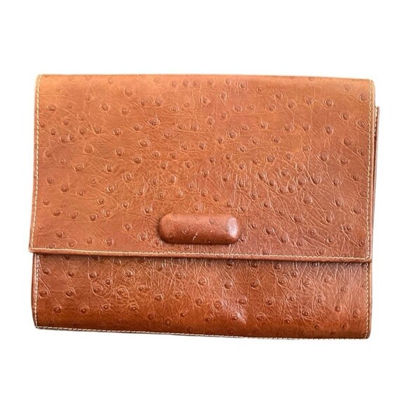 Unisa Brown Ostrich Skin Handbag Clutch Made in Uruguay 10-1/2 x 8-1/2" - Picture 1 of 6